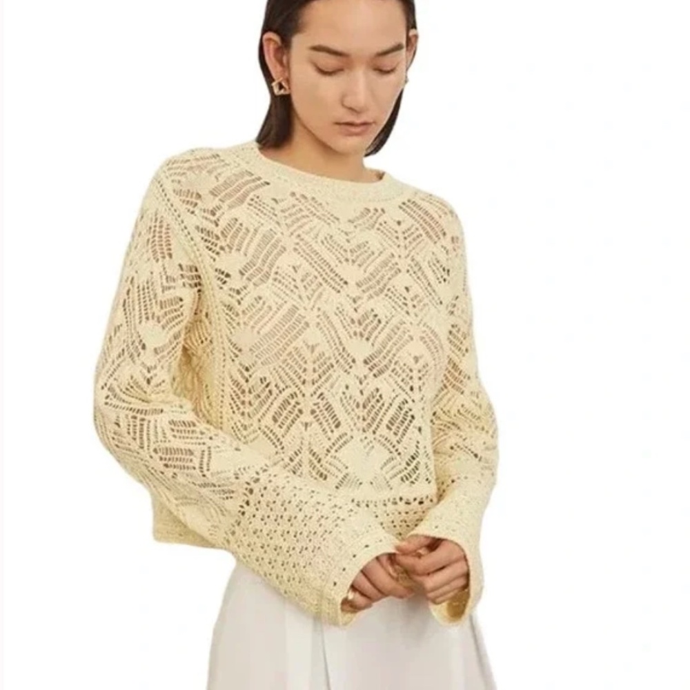 VINCE pale lemon lace patchwork 100% organic cotton pullover sweater size XL